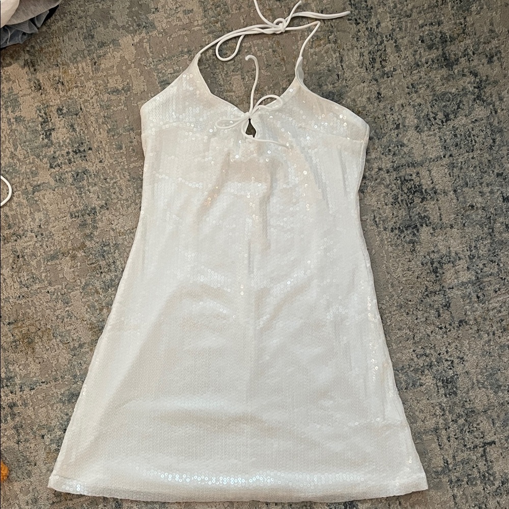 White Sequin Halter Mini Dress